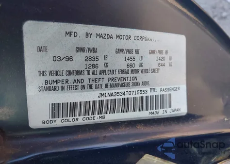 1996 Mazda Mx-5 Miata z USA, uszkodzony, nr VIN JM1NA3534T0715553